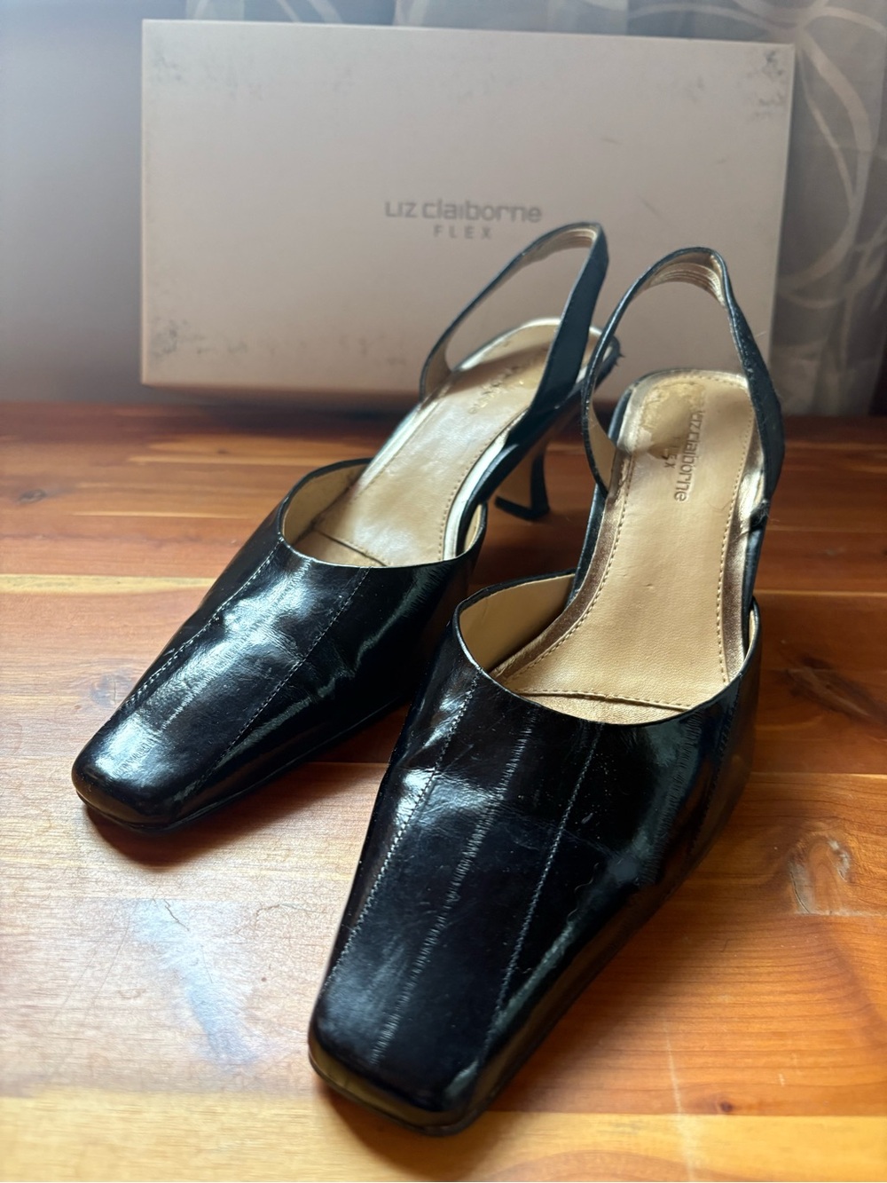 Liz Claiborne Black Patent Slingback Kitten Heels with Square Toe